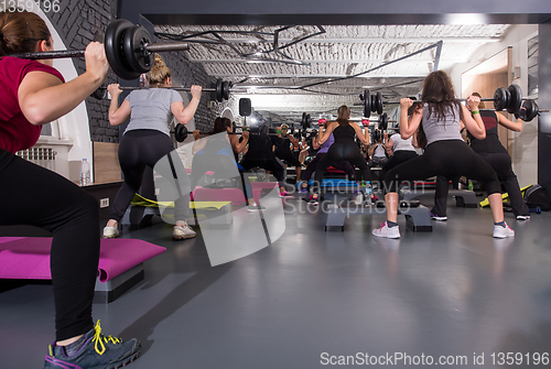 Image of sporty women using barbells while exercises