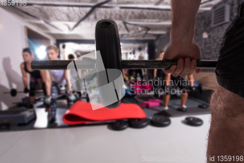 Image of sporty women using barbells while exercises