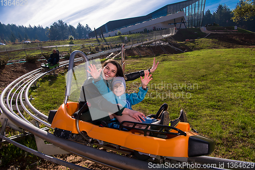 Image of young mother and son driving alpine coaster