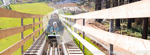 Image of young father and son driving alpine coaster