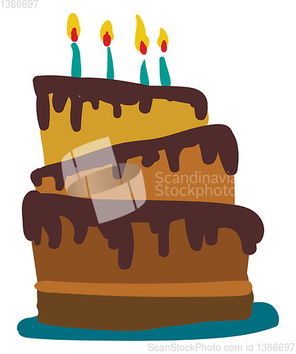 Image of A three-layered dark chocolate cake with glowing candles vector 