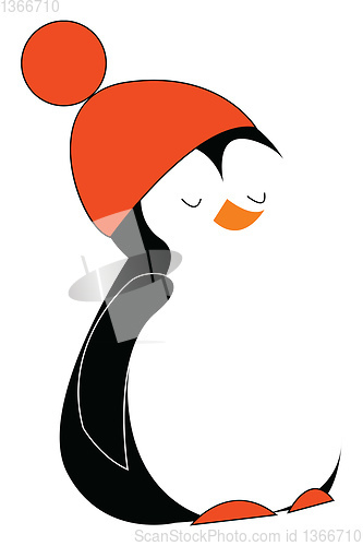 Image of A cute baby penguin wearing a red warm pompom hat vector color d