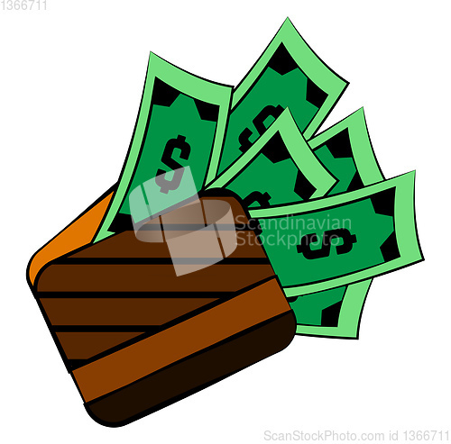 Image of Wallet with green dollar bills vector or color illustration