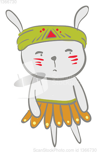 Image of A cartoon hare dressed in traditional green and yellow tribal co
