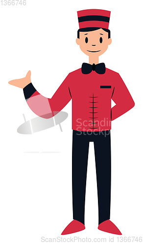 Image of Doorman character in red and black suit vector illustration on a