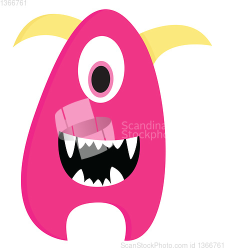 Image of Cute smiling pink one-eyed monster with yellow horns vector illu