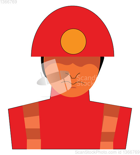 Image of A person dressed in red hard hat and professional miner\'s costum
