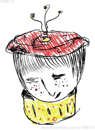 Image of Drawing of a sad kid with a yellow scarf vector or color illustr