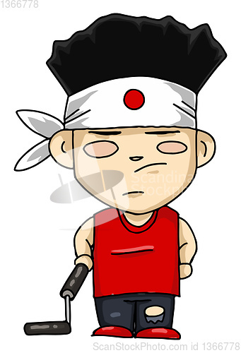 Image of Japanese boy with nunchuck vector or color illustration