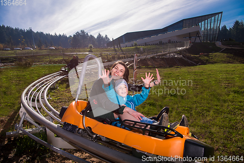 Image of young mother and son driving alpine coaster