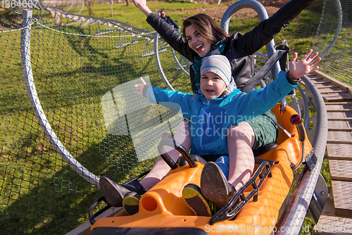 Image of young mother and son driving alpine coaster