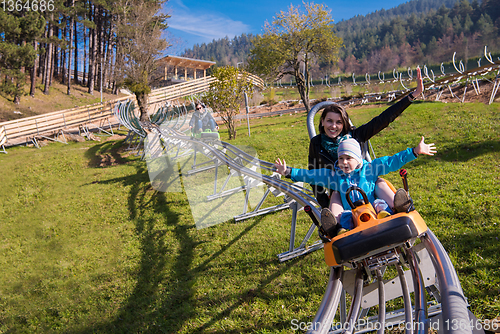 Image of young mother and son driving alpine coaster