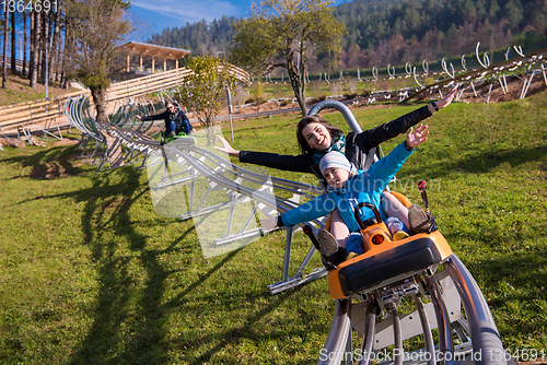 Image of young mother and son driving alpine coaster