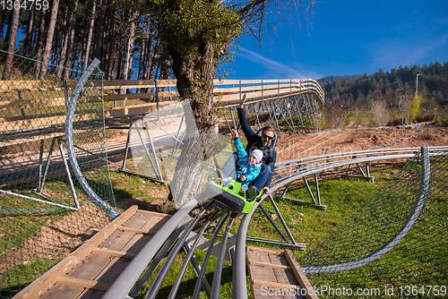 Image of young father and son driving alpine coaster