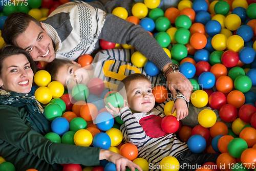 Image of parents and kids playing in the pool with colorful balls