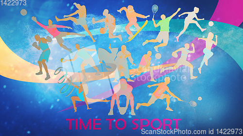 Image of Creative collage of drawned silhouettes of sportsmen