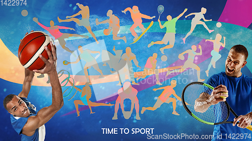 Image of Creative collage of drawned silhouettes of sportsmen