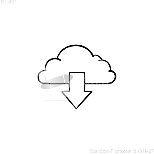 Image of Cloud with arrow down hand drawn outline doodle icon.