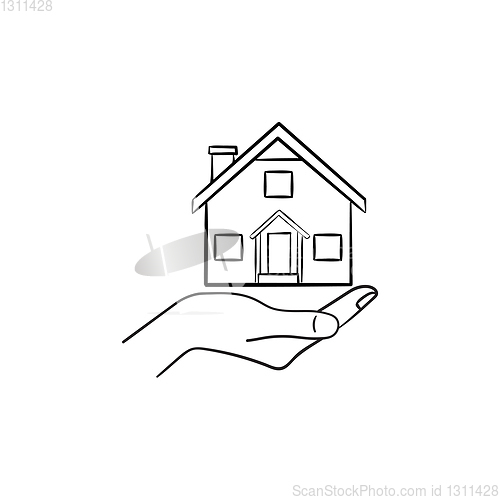 Image of Hand holding house hand drawn outline doodle icon.