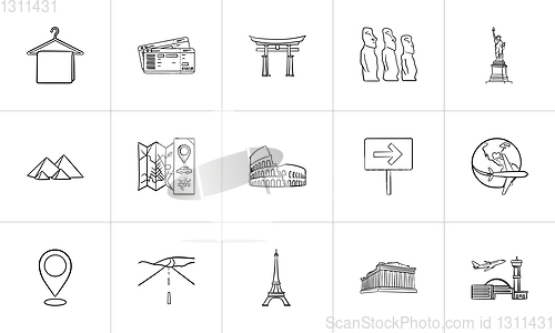 Image of Travel landmarks hand drawn outline doodle icon set.