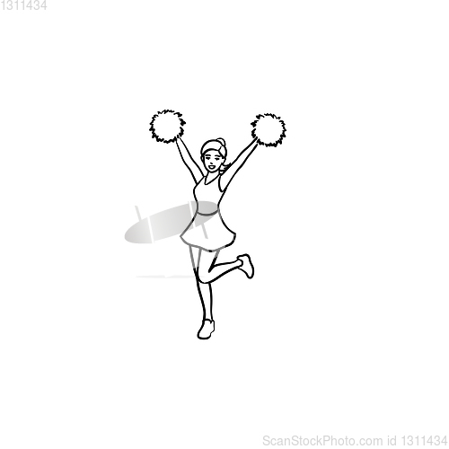 Image of Cheerleader girl with pompoms hand drawn outline doodle icon.