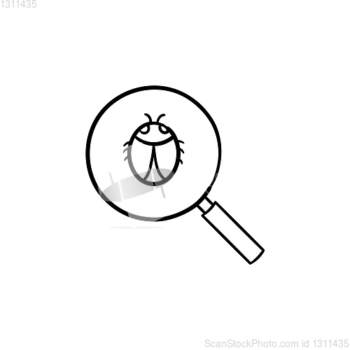 Image of Magnifying glass over bug hand drawn outline doodle icon.
