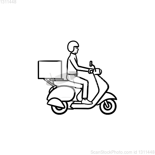 Image of Employee riding delivery bike hand drawn outline doodle icon.