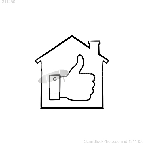 Image of Thumb up house hand drawn outline doodle icon.