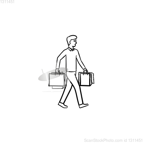 Image of Shopper with shopping bags hand drawn outline doodle icon.