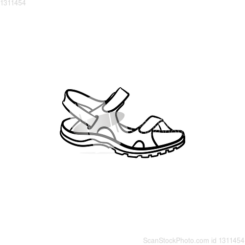 Image of Realistic child sandal drawn outline doodle icon.
