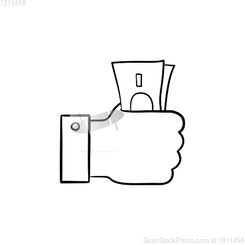 Image of Hand holding money hand drawn outline doodle icon.