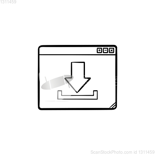 Image of Browser window with download sign hand drawn outline doodle icon.