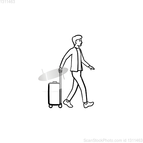 Image of Business traveler walking with suitcase hand drawn outline doodle icon.