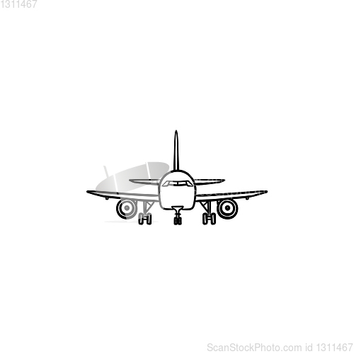 Image of Front view of airplane hand drawn outline doodle icon.