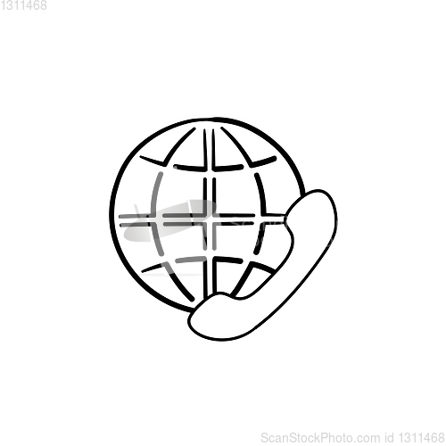 Image of Globe and phone receiver hand drawn outline doodle icon.