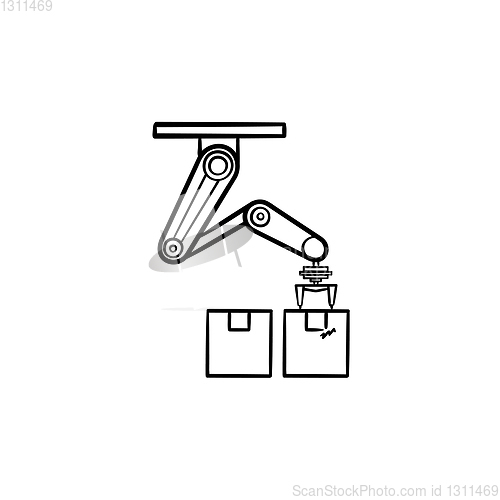 Image of Robotic arm picking cardboard box hand drawn outline doodle icon.