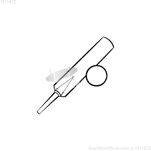 Image of Cricket ball and bat hand drawn outline doodle icon.