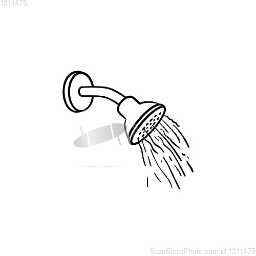 Image of Shower head with water drops hand drawn outline doodle icon.