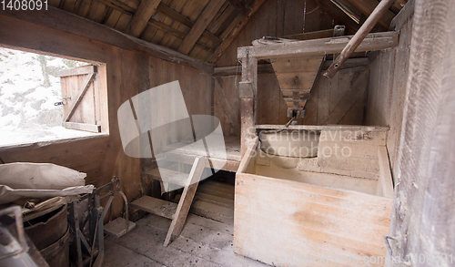 Image of interior of retro wooden watermill