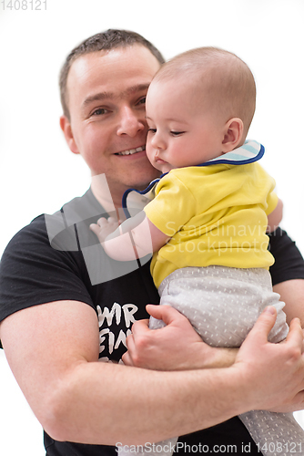 Image of portrait of happy young father holding baby isolated on white