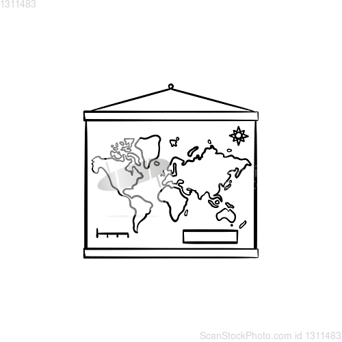 Image of World map hanging on the wall hand drawn outline doodle icon.