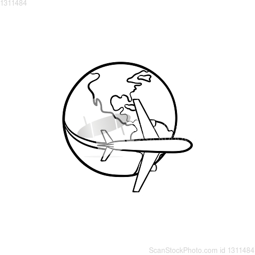 Image of Airplane flying around the world hand drawn outline doodle icon.
