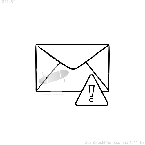 Image of Envelope and exclamation mark hand drawn outline doodle icon.