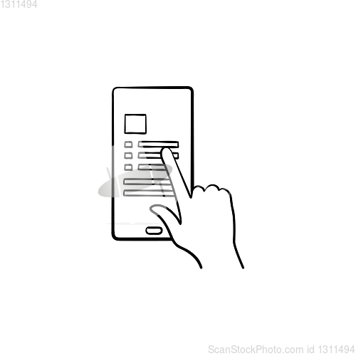 Image of Hand sliding smartphone with list hand drawn outline doodle icon.