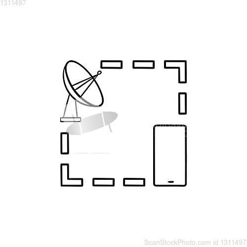 Image of Satellite antenna and mobile phone hand drawn outline doodle icon.