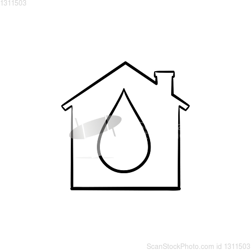 Image of House with water drop hand drawn outline doodle icon.