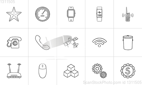 Image of Communication and gadgets hand drawn outline doodle icon set.