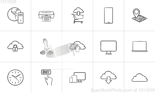 Image of Cloud technology and mobile devices hand drawn outline doodle icon set.