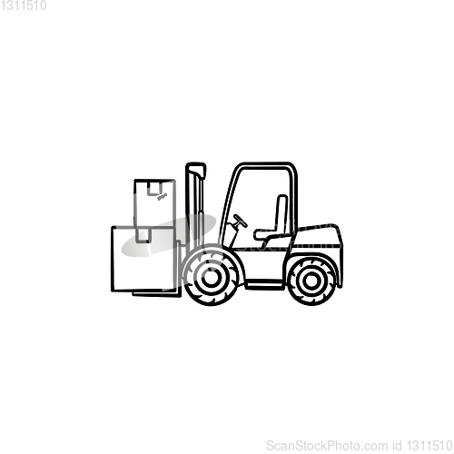 Image of Warehouse forklift truck with cardboard boxes hand drawn outline doodle icon.