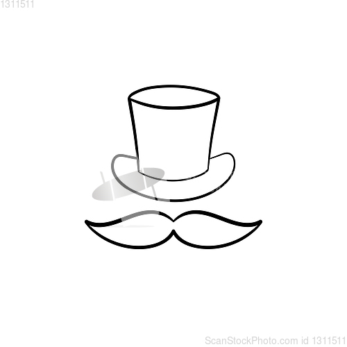 Image of Top hat with mustache hand drawn outline doodle icon.